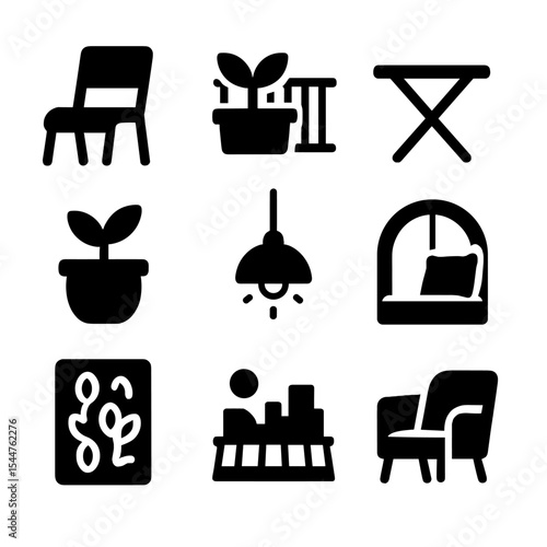 Balcony Living Icons. Solid, filled icons set of balcony and small space living: balcony chair, railing plant,