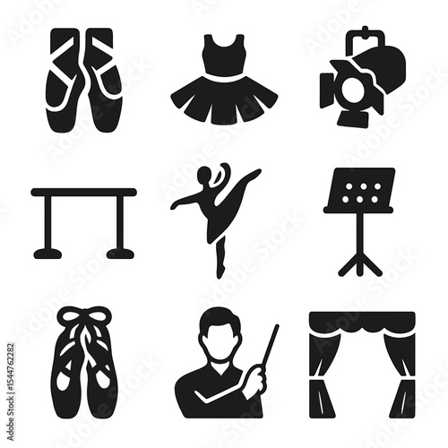 Ballet Icons Compilation. Solid, filled icons set of ballet in theater: ballet slippers, tutu, stage light, barre, pointe shoes, graceful pose, music stand, choreographer, red curtain.
