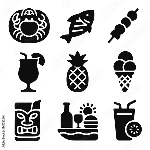 Beachside Cuisine Icons. Solid, filled icons set of beachside cuisine and drinks: seafood platter, grilled