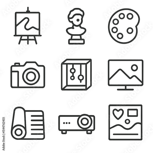 Art Mediums Icon Set. Outline icon set of artwork mediums: oil painting, sculpture bust, watercolor palette, camera photo,