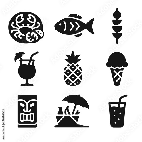 Beachside Cuisine Icons. Solid, filled icons set of beachside cuisine and drinks: seafood platter, grilled