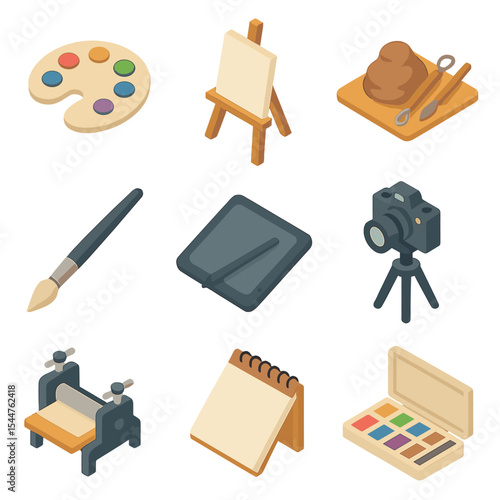 Art Workshop Icon Set. Isometric Flat icon set of art education workshops: paint palette, easel stand, clay modeling kit,