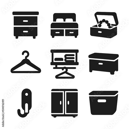 Bedroom Storage Icons. Solid, filled icons set of bedroom storage: nightstand drawer, bed with drawers,