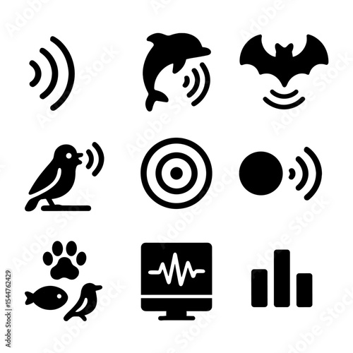 Bioacoustics Icons Grid. Solid, filled icons set of bioacoustics and animal communication: sonar wave, dolphin