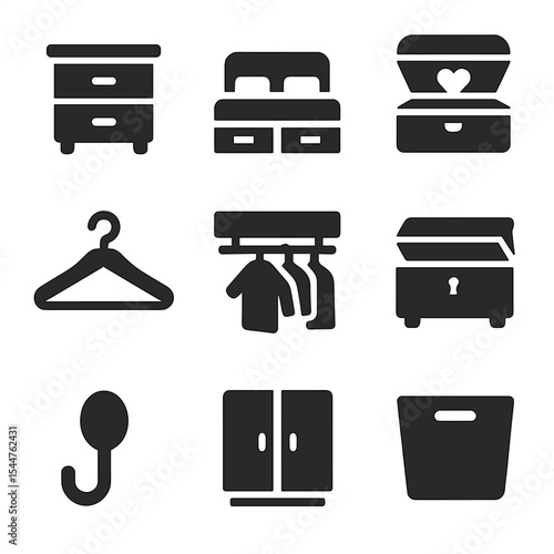Bedroom Storage Icons. Solid, filled icons set of bedroom storage: nightstand drawer, bed with drawers,