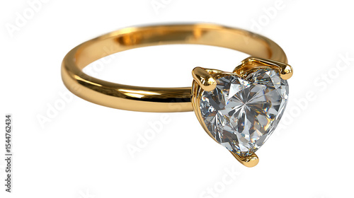 Heart-shaped diamond ring: A close-up shot of an elegant engagement ring featuring a sparkling heart-shaped diamond set in a polished gold band, a symbol of love and commitment.