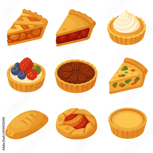 Assorted Pies and Tarts. Isometric Flat icon set of pie and tart lineup: apple pie slice, cherry pie, lemon meringue tart, fruit