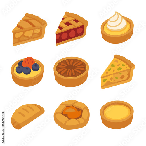 Assorted Pies and Tarts. Isometric Flat icon set of pie and tart lineup: apple pie slice, cherry pie, lemon meringue tart, fruit