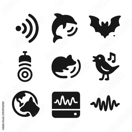 Bioacoustics Icons Grid. Solid, filled icons set of bioacoustics and animal communication: sonar wave, dolphin