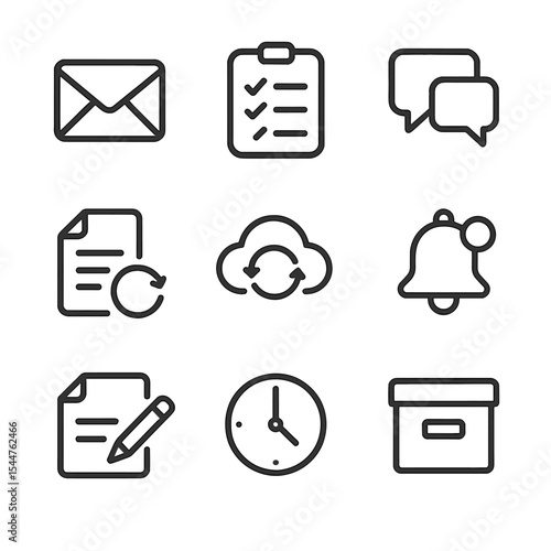 Asynchronous Work Tools Icons. Outline icon set of asynchronous work tools: email client, task manager, discussion thread,