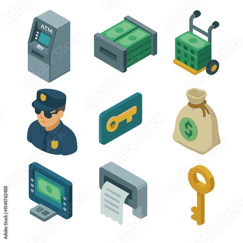 ATM Refill Icons. Isometric Flat icon set of ATM cash refill and management: ATM machine, cash cassette, refill cart, security