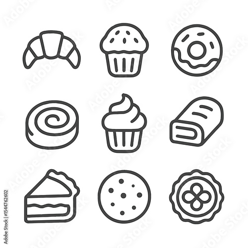 Bakery Icon Set. Outline icon set of bakery and pastries: croissant, muffin, doughnut, cinnamon roll, cupcake, strudel, pie slice,