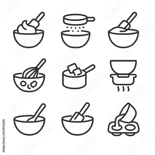 Baking Techniques Icons. Outline icon set of mixing methods: creaming butter and sugar, sifting dry ingredients, folding in flour,