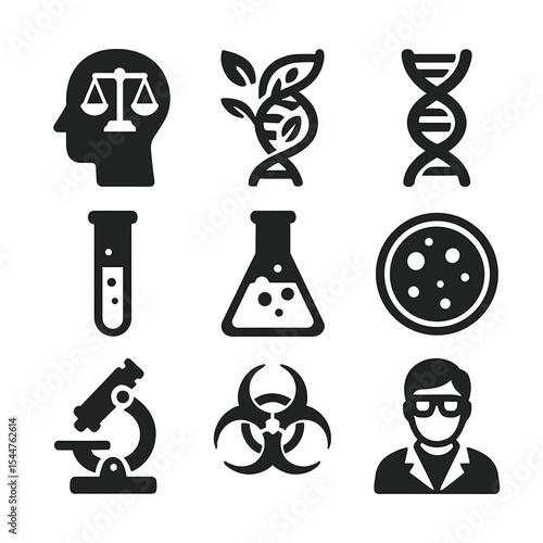 Biotech Icons Grid. Solid, filled icons set of responsible biotech research: ethics icon, genetic modification