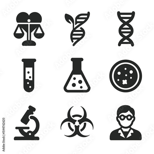 Biotech Icons Grid. Solid, filled icons set of responsible biotech research: ethics icon, genetic modification