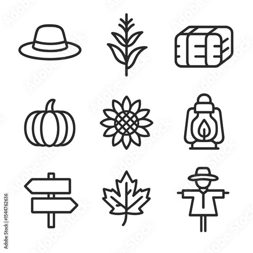 Autumn Icon Set. Outline icon set of cornfield decorations: scarecrow hat, cornstalk, hay bale, pumpkin, sunflower, lantern,