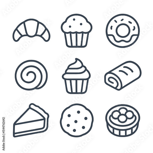 Bakery Icon Set. Outline icon set of bakery and pastries: croissant, muffin, doughnut, cinnamon roll, cupcake, strudel, pie slice,
