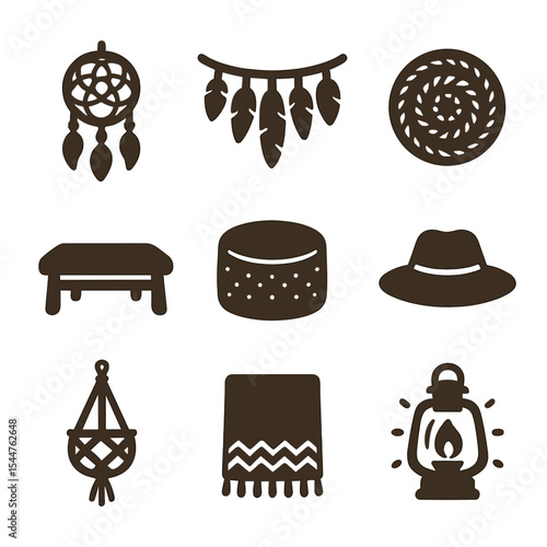 Boho Summer Icons. Solid, filled icons set of boho summer vibes: dream catcher, feather garland, woven mat, low table, pouf seat, woven hat, macrame hanger, boho throw, lantern glow.