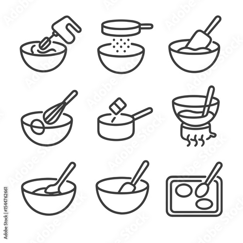 Baking Techniques Icons. Outline icon set of mixing methods: creaming butter and sugar, sifting dry ingredients, folding in flour,