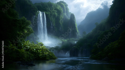 A majestic waterfall surrounded by high cliffs and a tranquil mountain stream, with lush vegetation growing along the water’s edge.