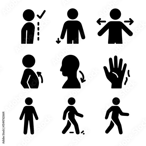 Body Awareness Icons. Solid, filled icons set of body awareness: posture check, shoulder drop, chest expansion, belly rise, relaxed neck, calm fingers, balanced stance, mindful walk, slow movement.