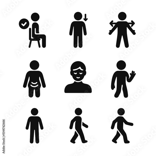 Body Awareness Icons. Solid, filled icons set of body awareness: posture check, shoulder drop, chest expansion, belly rise, relaxed neck, calm fingers, balanced stance, mindful walk, slow movement.
