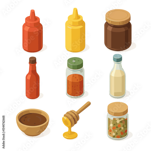 Barbecue Sauce Icons. Isometric Flat icon set of barbecue sauces and condiments: ketchup bottle, mustard bottle, barbecue sauce