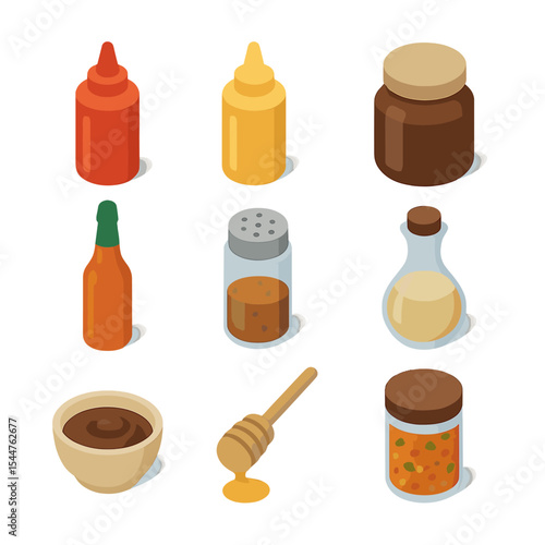 Barbecue Sauce Icons. Isometric Flat icon set of barbecue sauces and condiments: ketchup bottle, mustard bottle, barbecue sauce
