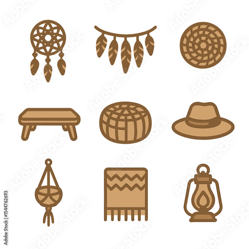 Boho Summer Icons. Solid, filled icons set of boho summer vibes: dream catcher, feather garland, woven mat, low table, pouf seat, woven hat, macrame hanger, boho throw, lantern glow.