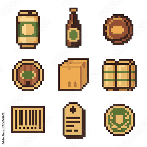 Beverage Packaging Icons. Pixel art icon set of packaging and labels: beer can, bottle label, crown cap, keg label, case box,