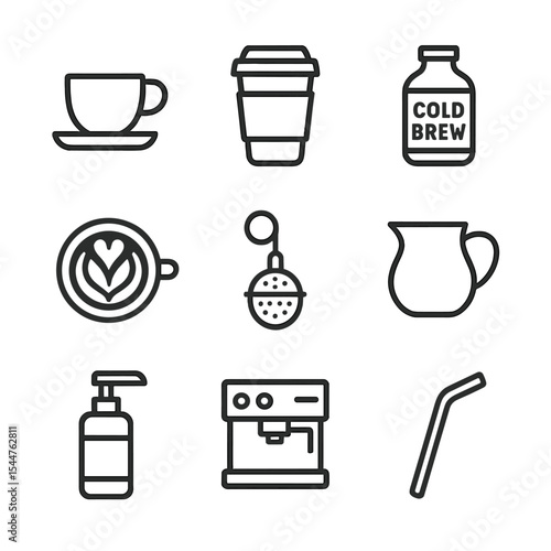 Beverage Cart Icons. Outline icon set of coffee and beverage carts: espresso cup, to-go cup, cold brew bottle, latte art, tea