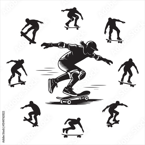 Freestyle Skateboarding Action Silhouettes Collection of Youth Performing Tricks