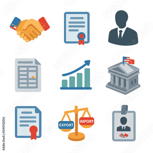 Bilateral Trade Icons. Isometric Flat icon set of bilateral trade agreements: national flags handshake, treaty document, trade