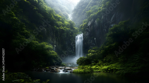A majestic waterfall surrounded by high cliffs and a tranquil mountain stream, with lush vegetation growing along the water’s edge.