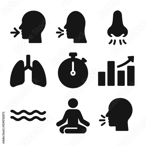 Breathing Techniques Icons. Solid, filled icons set of breathing techniques for relaxation: inhale icon,