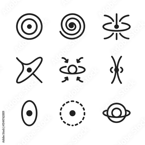 Black Hole Icon Set. Outline icon set of black hole phenomena: event horizon, singularity, accretion disk, gravitational lensing,