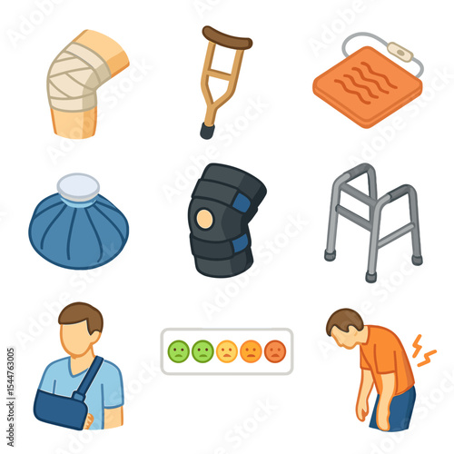 Body Pain Indicators. Isometric Flat icon set of body pain indicators: bandaged knee, crutch, heating pad, ice pack, support brace