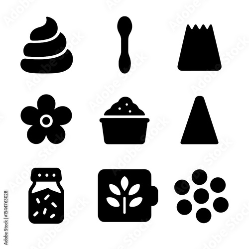 Cake Decoration Icons. Solid, filled icons set of cake and pastry decorations: frosting swirl, fondant tool,