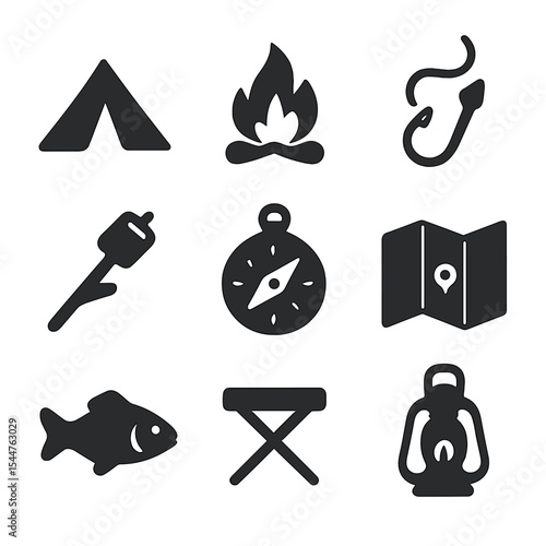 Camping and Fishing Icons. Solid, filled icons set of camping and fishing trip: pitched tent, campfire,