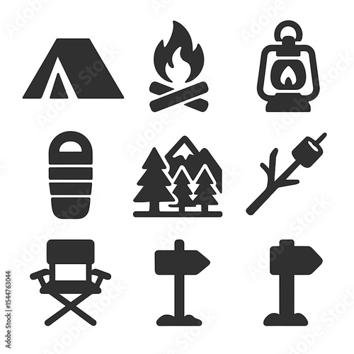 Camping Icon Set. Solid, filled icons set of camping near mountains: tent pitched, campfire, lantern, sleeping