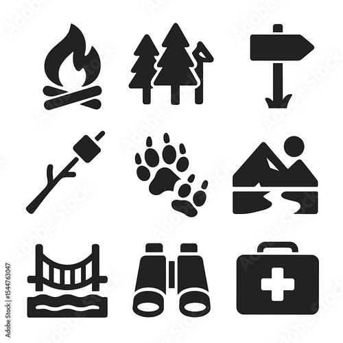Camping Icon Set. Solid, filled icons set of camping and wilderness trips: campfire, forest trees, campsite