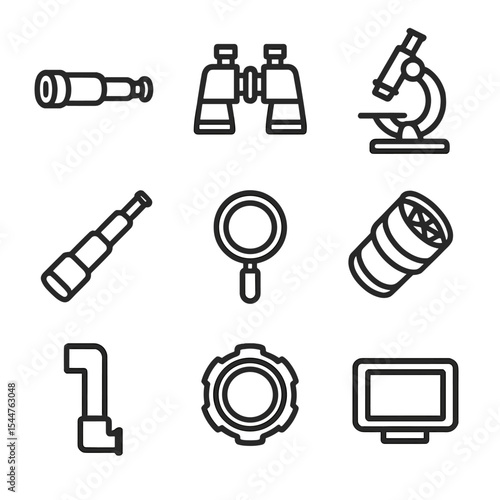 Brass Optics Icon Set. Outline icon set of brass optical devices: monocular, binoculars, microscope, spyglass, magnifying glass,