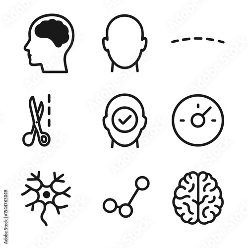 Brain Health Icons. Flat icon set of prefrontal cortex thinning: frontal lobe highlight, scalp outline, thin line, cut marker,