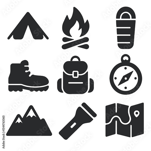Camping Essentials Icons. Solid, filled icons set of camping essentials: tent icon, campfire, sleeping bag,