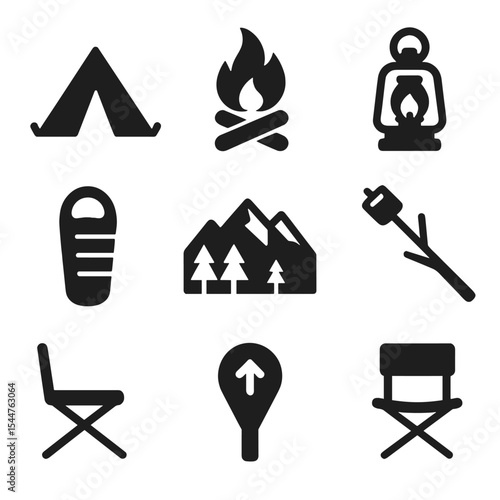 Camping Icon Set. Solid, filled icons set of camping near mountains: tent pitched, campfire, lantern, sleeping
