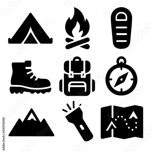 Camping Essentials Icons. Solid, filled icons set of camping essentials: tent icon, campfire, sleeping bag,