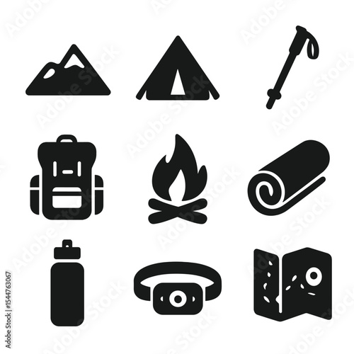 Camping Gear Icons. Solid, filled icons set of mountain camping gear: mountain icon, tent, hiking pole, backpack, campfire, sleeping pad, water bottle, headlamp, trail map.