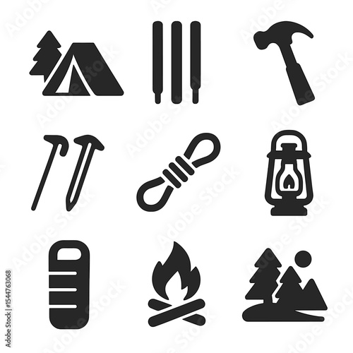 Camping Essentials Icons. Solid, filled icons set of putting up a tent: tent icon, tent poles, hammer icon, ground stakes, camping rope, camping light, sleeping bag, campfire icon, nature background.