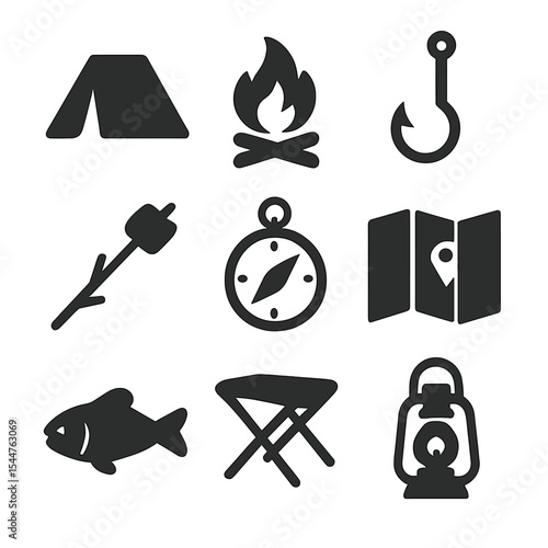 Camping and Fishing Icons. Solid, filled icons set of camping and fishing trip: pitched tent, campfire,