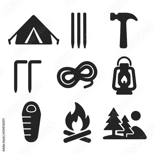 Camping Essentials Icons. Solid, filled icons set of putting up a tent: tent icon, tent poles, hammer icon, ground stakes, camping rope, camping light, sleeping bag, campfire icon, nature background.
